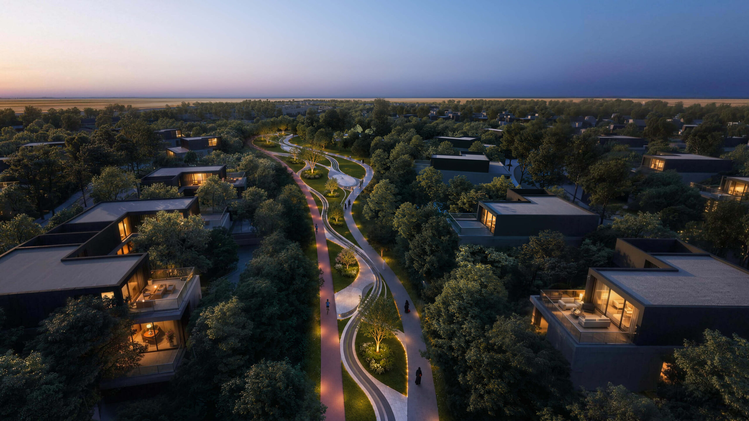 Rendering of Arada Saudi's first project in Al Rimal, Riyadh: villas among trees along a landscaped walkway at dusk