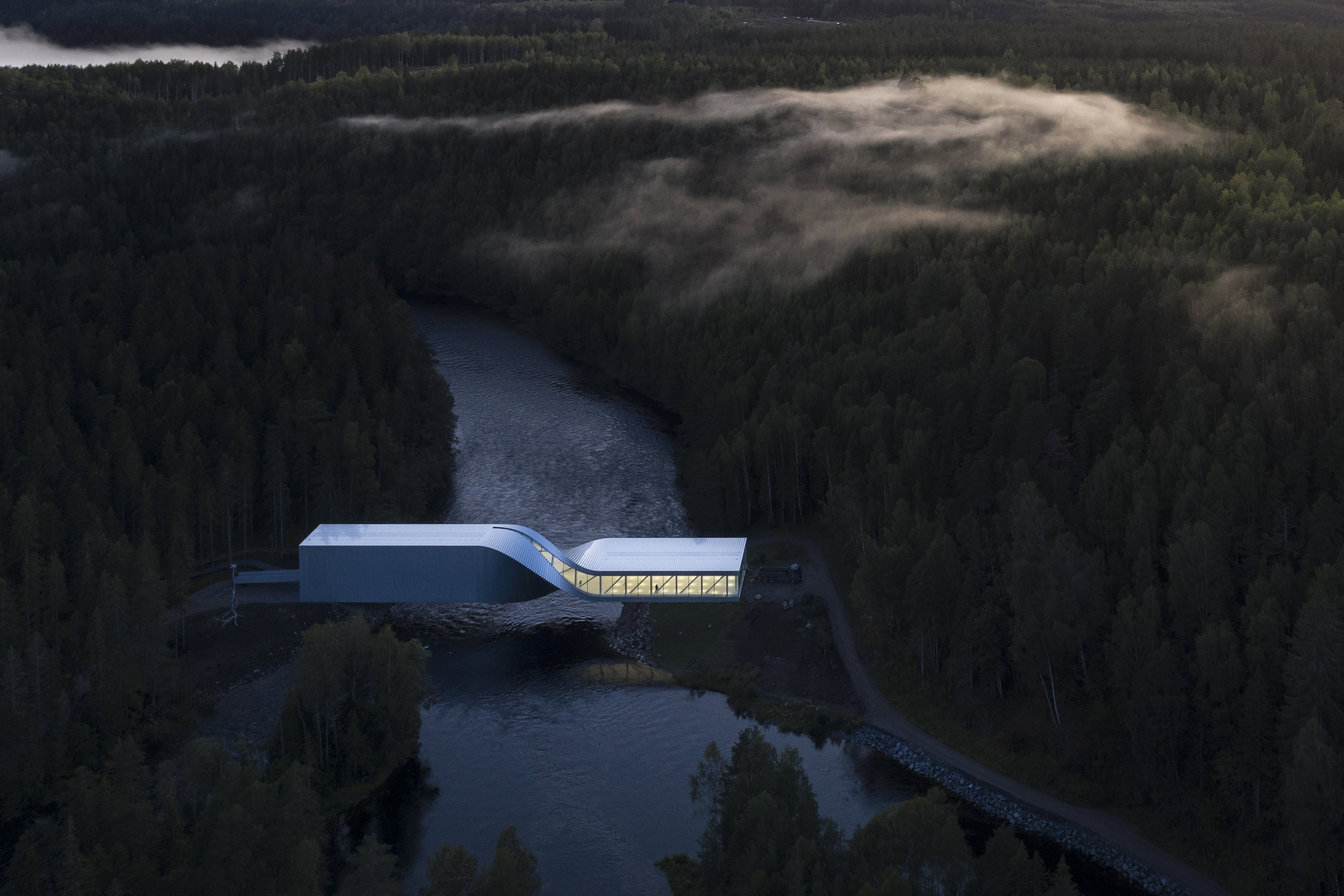 Aerial view at dusk of The Twist gallery bridge over the Randselva river