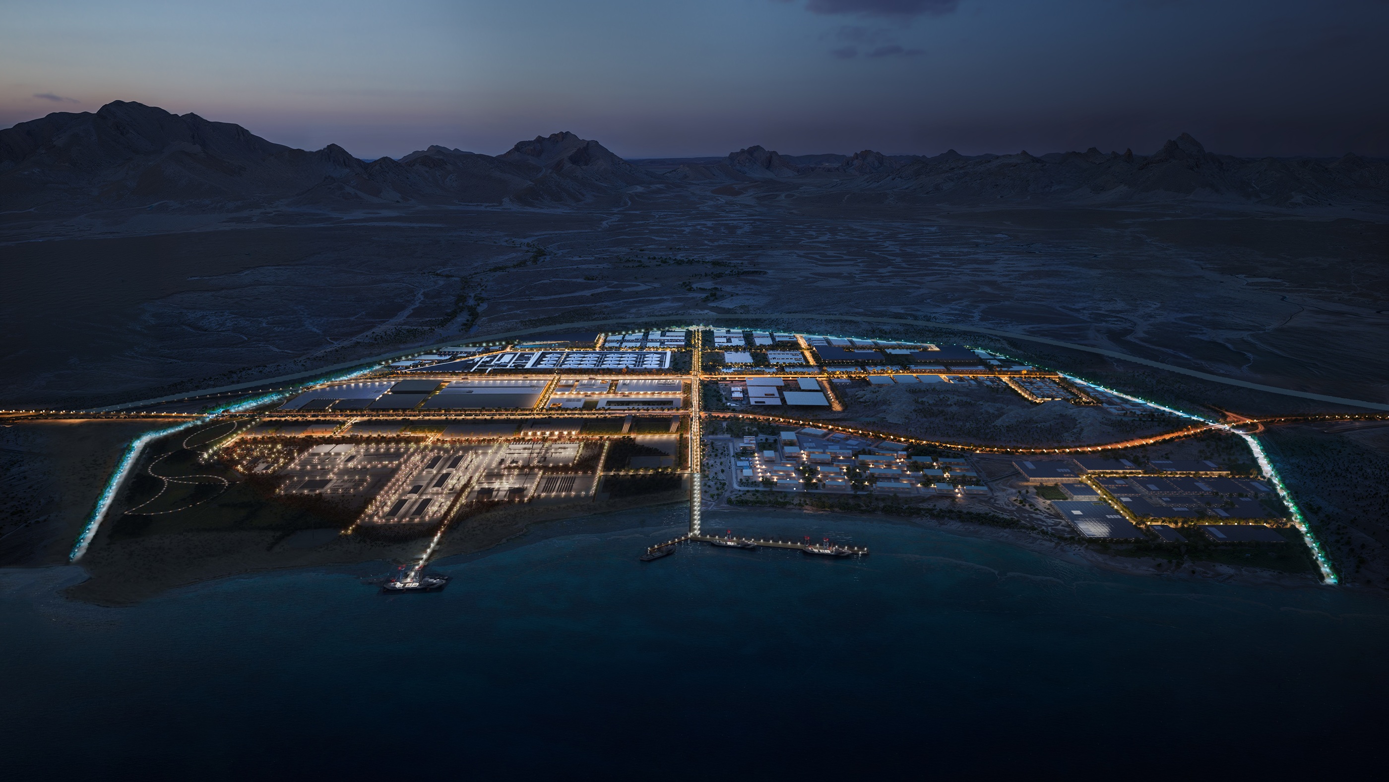 Rendering of Oxagon on NEOM's Red Sea coast at dusk