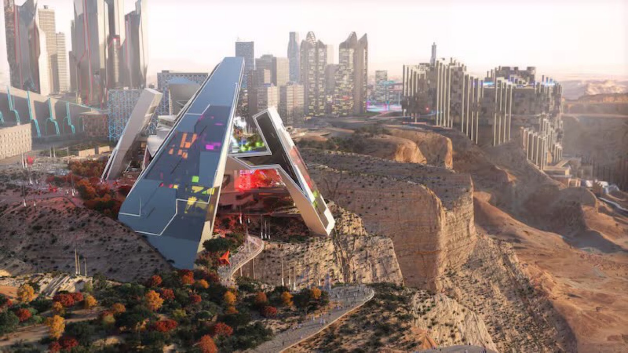 Official render of the Qiddiya Performing Arts Centre on the edge of the Tuwaiq cliffs