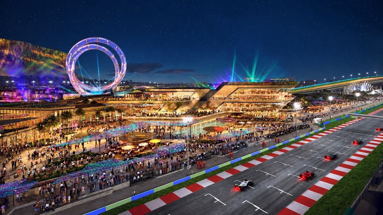 Night render of Qiddiya Speed Park Track with grandstands and Formula cars