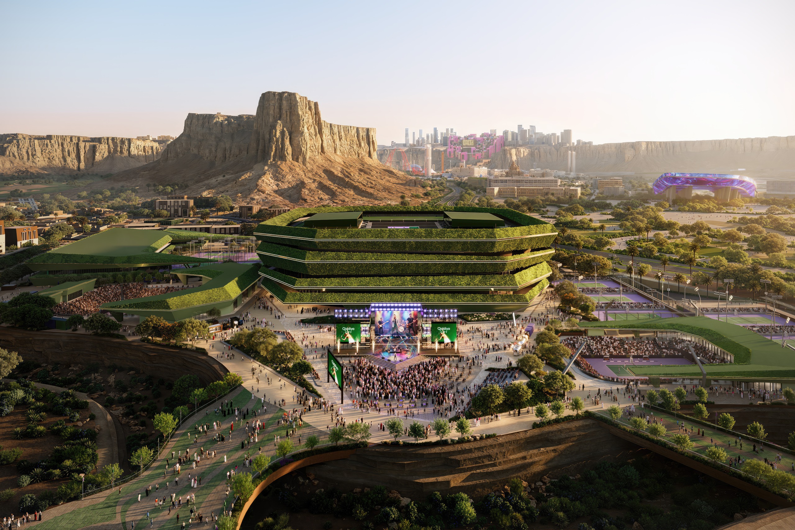Rendering of the National Tennis Centre in Qiddiya City with the Tuwaiq cliffs behind