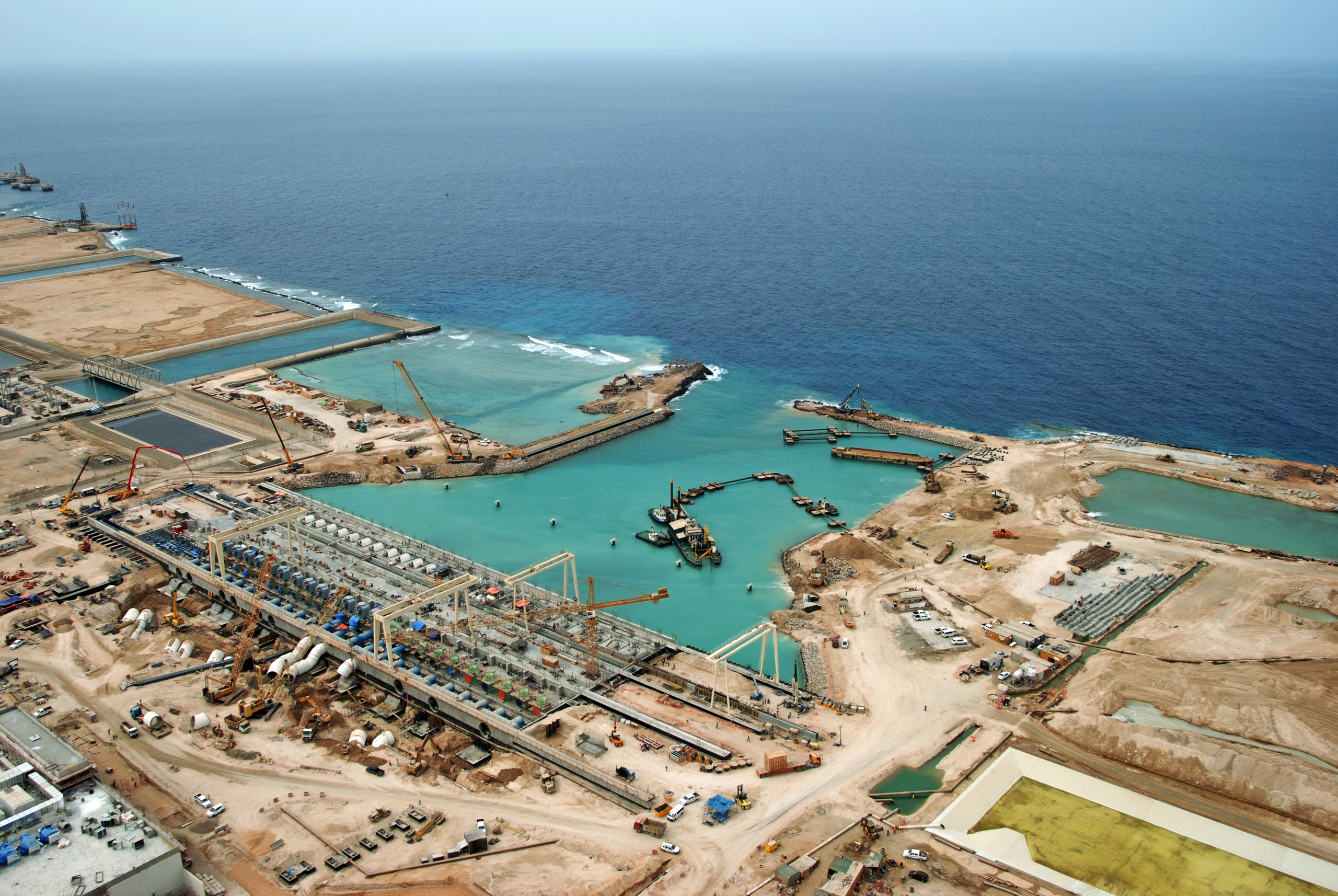 Aerial view of a power plant site on the Red Sea coast at Rabigh, Saudi Arabia