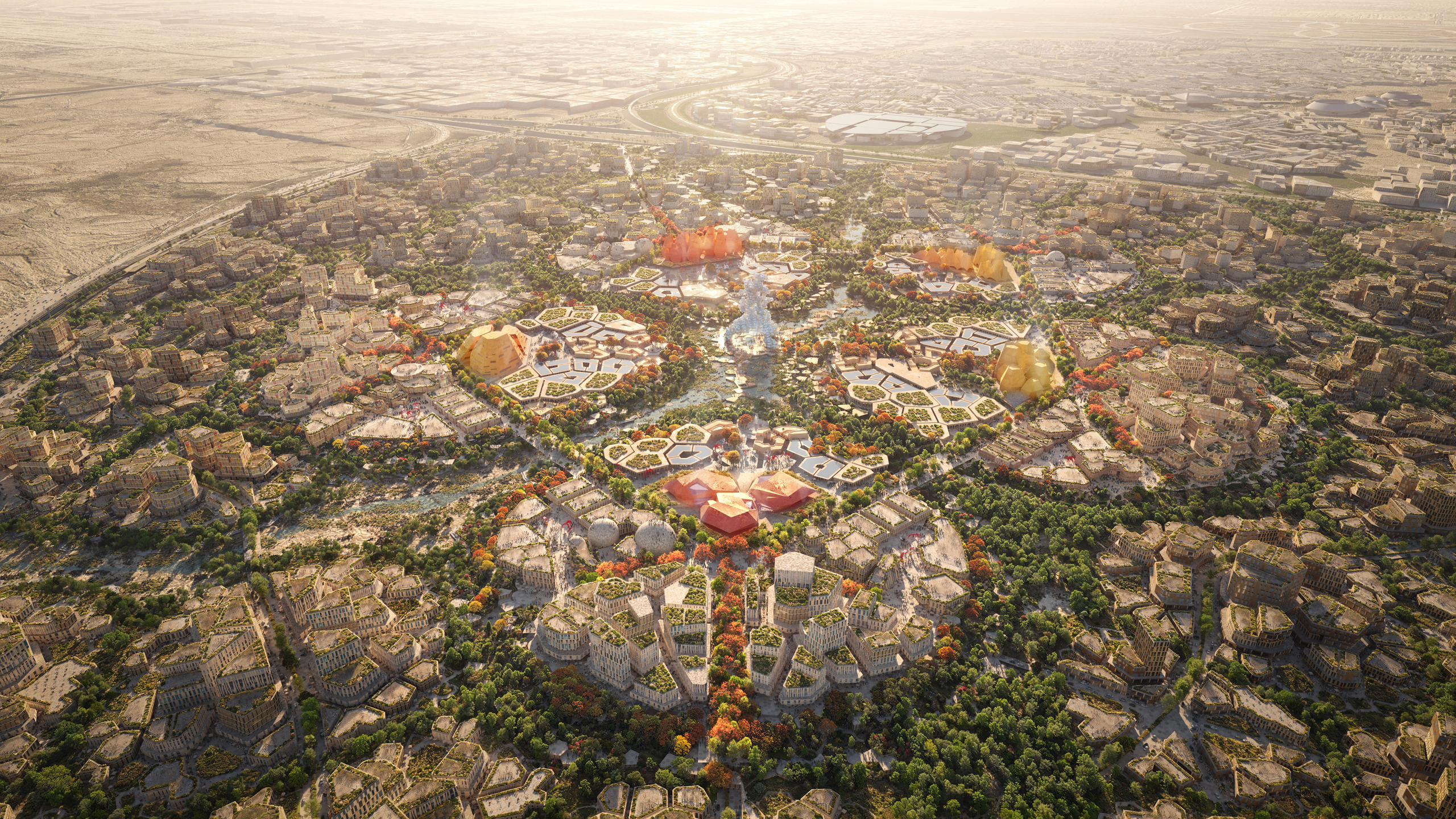 Official Expo 2030 Riyadh aerial render of the masterplan with its districts, pavilions and green spaces