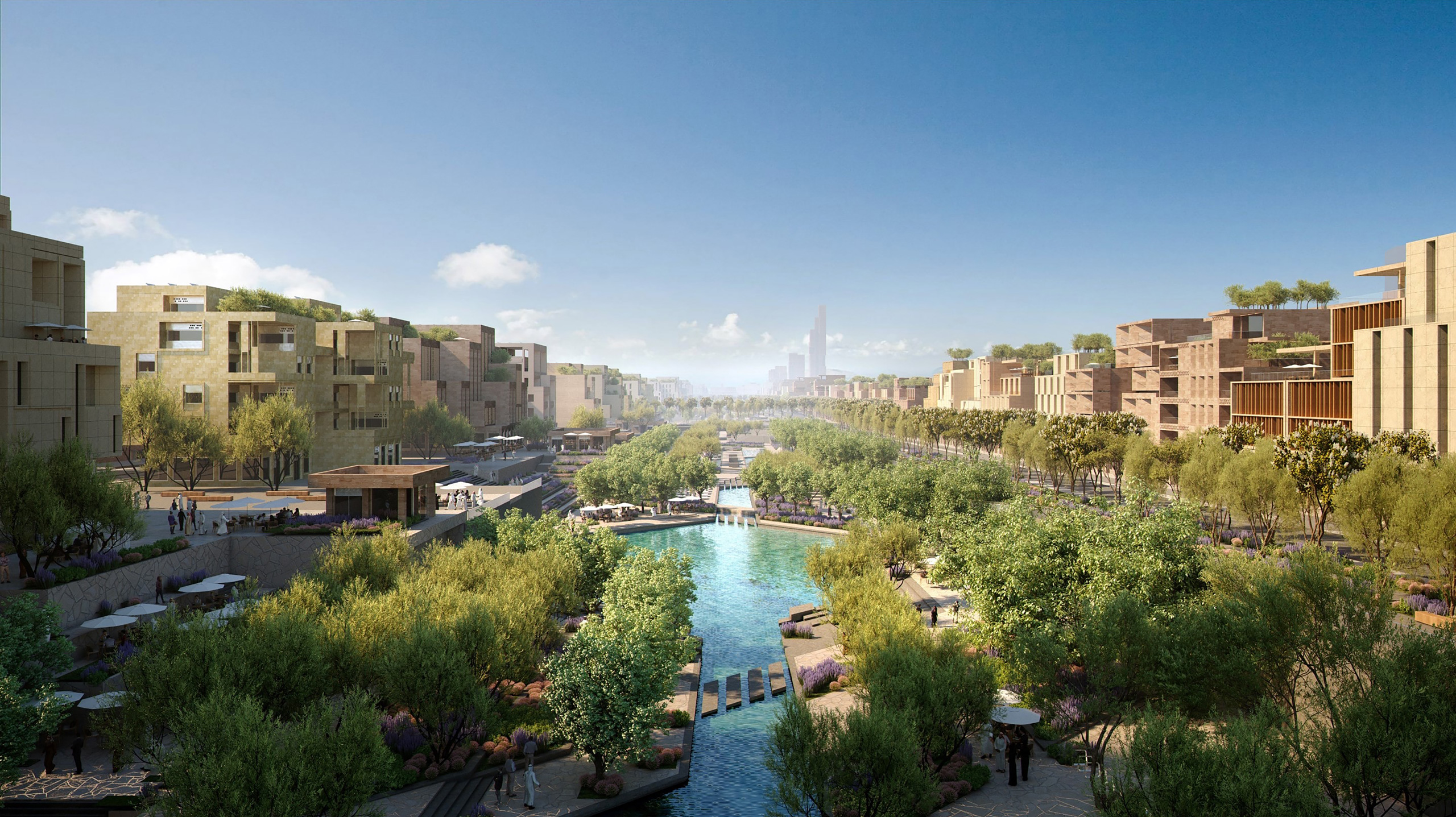 Bird's-eye render of the Urban Wadi section of the Sports Boulevard in Riyadh