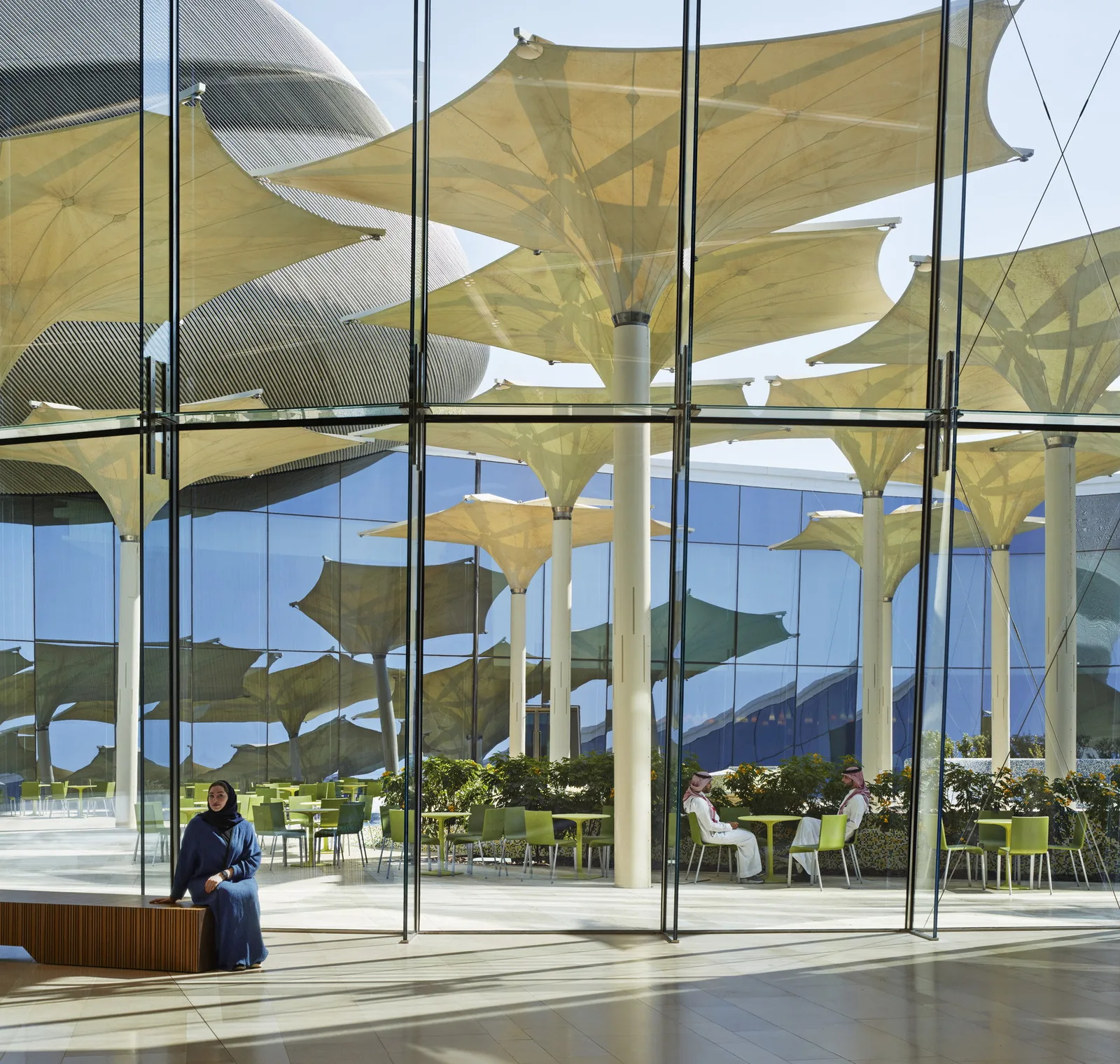 Shade canopies seen from inside the centre